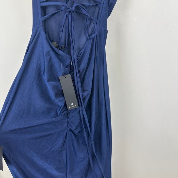 Lulus Iconic Allure Navy Blue Cowl Neck Lace Up Ruched Maxi Dress Stretch XS NWT - Picture 11 of 13